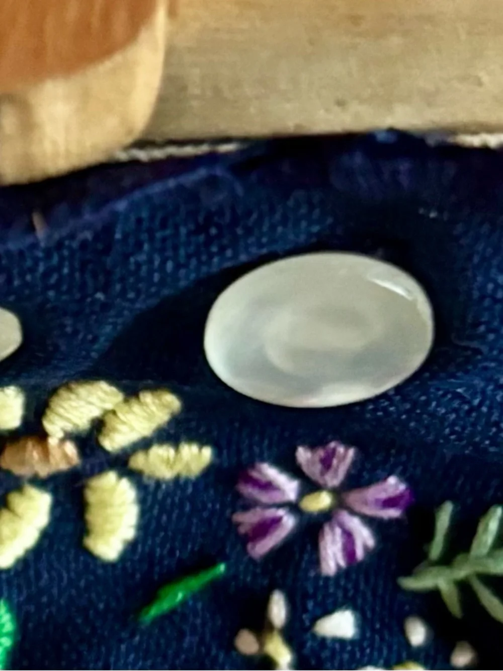 Vintage Navy Embroidered Bermuda Bag Wood Handle Mother of Pearl Buttons